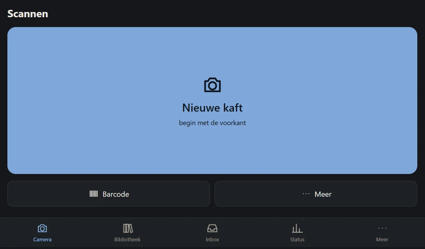 Startscherm van de boekscanner met de opties Nieuwe kaft, Barcode en Meer