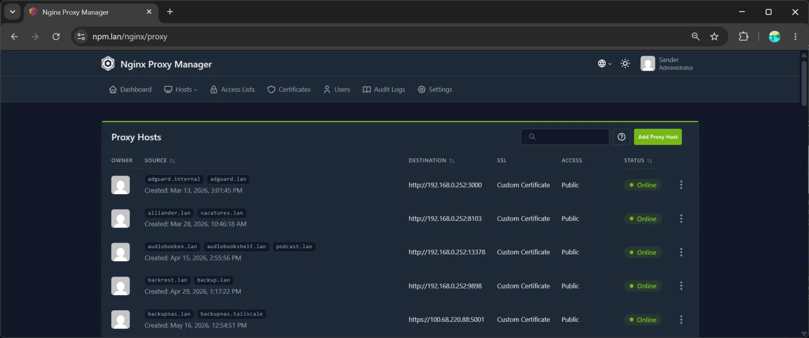 Nginx Proxy Manager met een lijst actieve proxy hosts op het homelab