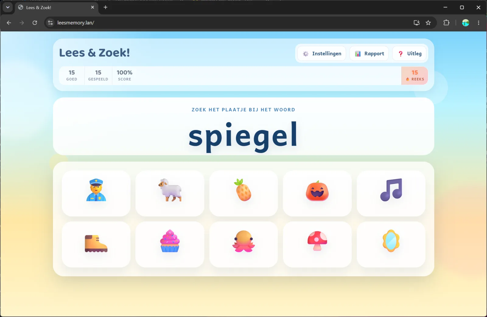 Het spelscherm van Lees & Zoek! met een groot woord en emoji-plaatjes